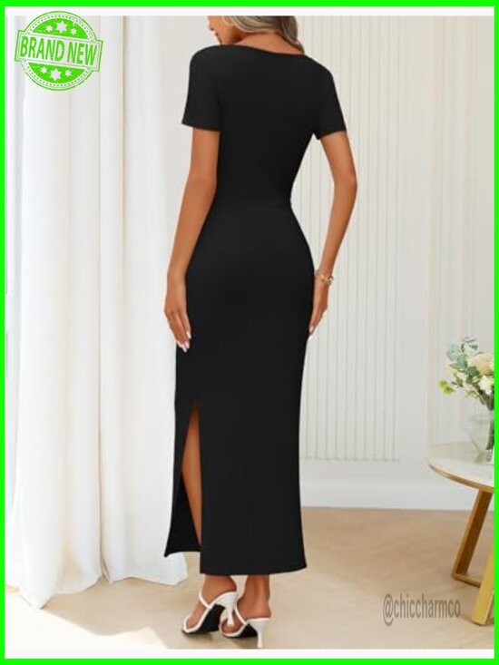 Ruched Maxi Dress Short Sleeve Side Slit Formal Cocktail Wedding Guest - Picture 5 of 7
